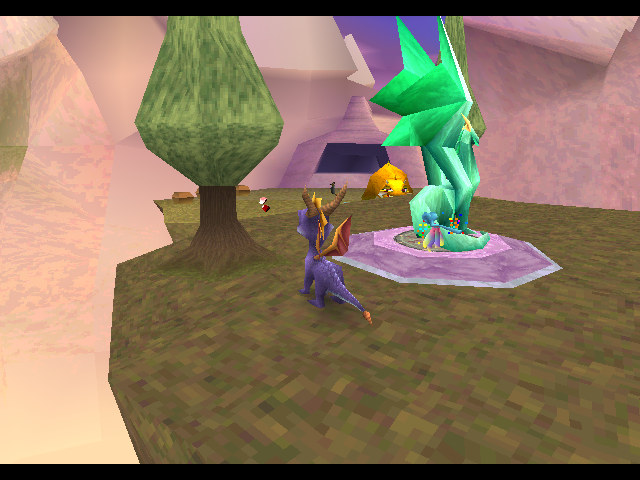 Spyro standing next to Zane's crystal statue