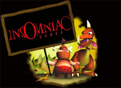 Render of a Bonebuilder next to a Lava Lizard holding the Insomniac Games logo signpost.