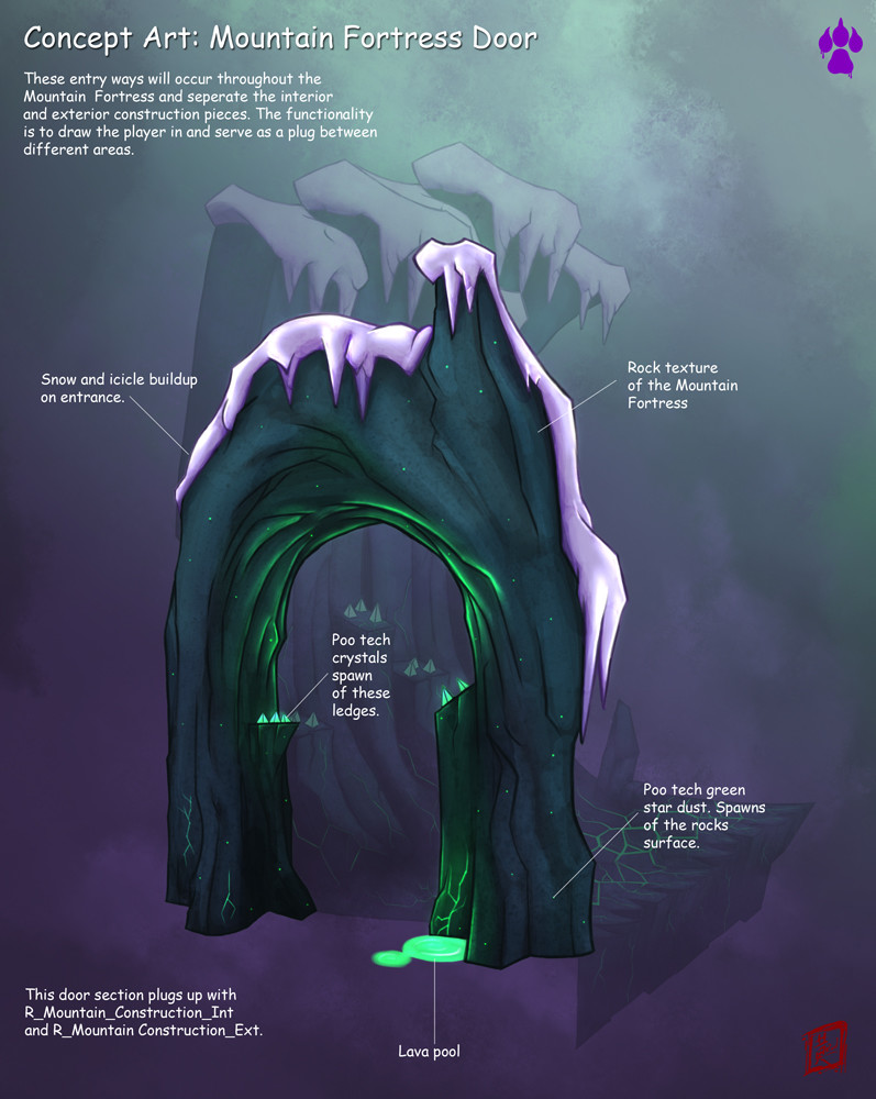 Concept art of a Mountain of Malefor door by Roderick Wong