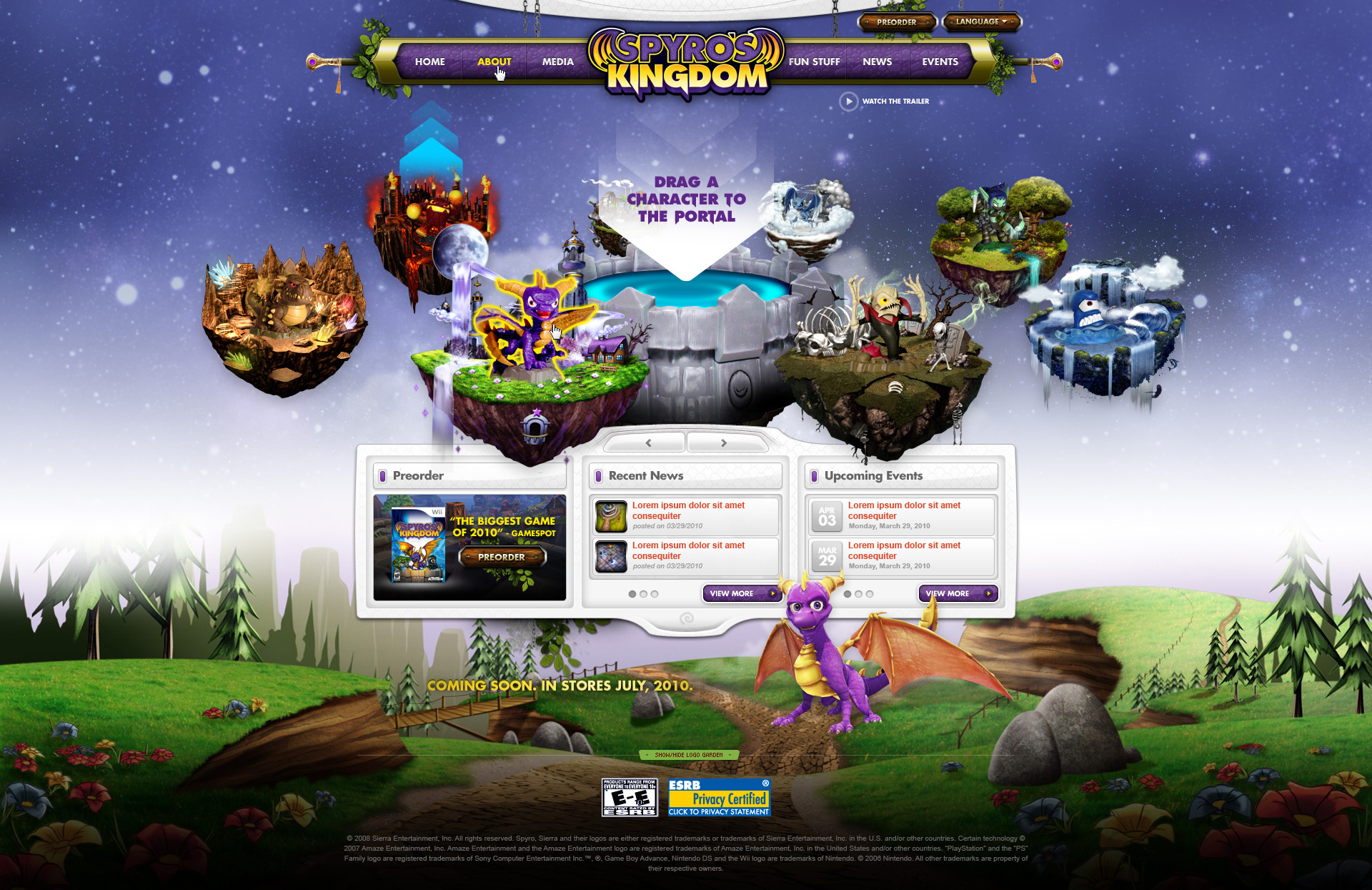 A scrapped WIP webpage of Spyro's Kingdom with early versions of Skylanders Spyro and other Skylanders by Haven Agency