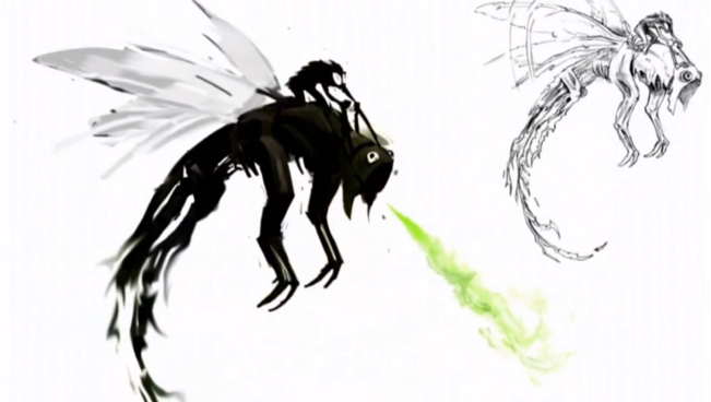 Early concept art of a Wyvern and scrapped Bowman Orc rider