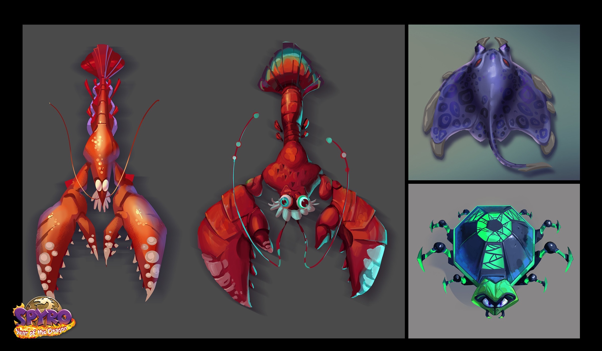 Spyro Reignited Trilogy concept art of Crawdad King, Spider King and Manta Ray.