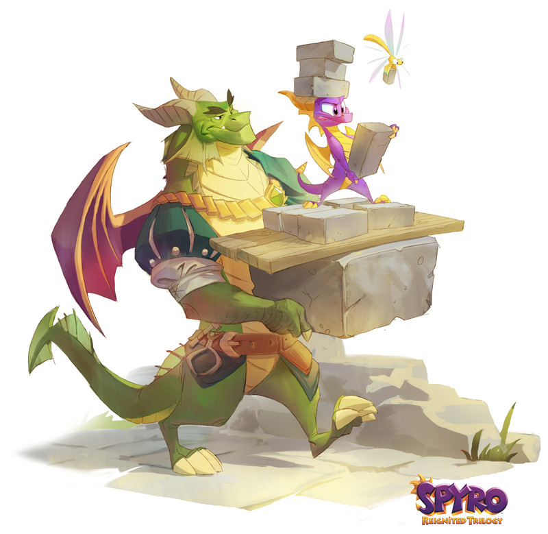 Spyro Reignited Trilogy concept artwork of Nestor carrying a large brick with Spyro, who is carrying smaller bricks