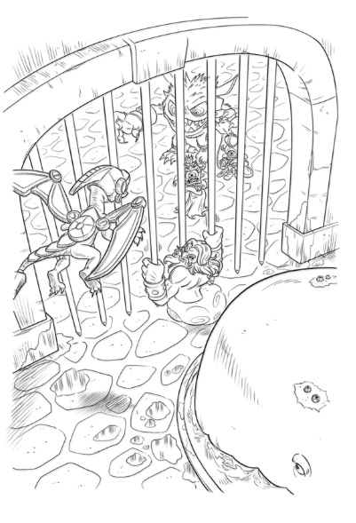 An illustration of Lightning Rod and Drobot being imprisoned within the same cell as the Land Whale by the Cyclops Queen and Pipsqueak.