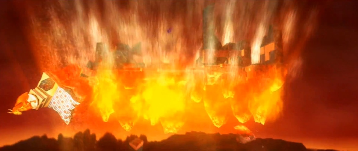 The temple falling towards the volcano below as the end of the world commences
