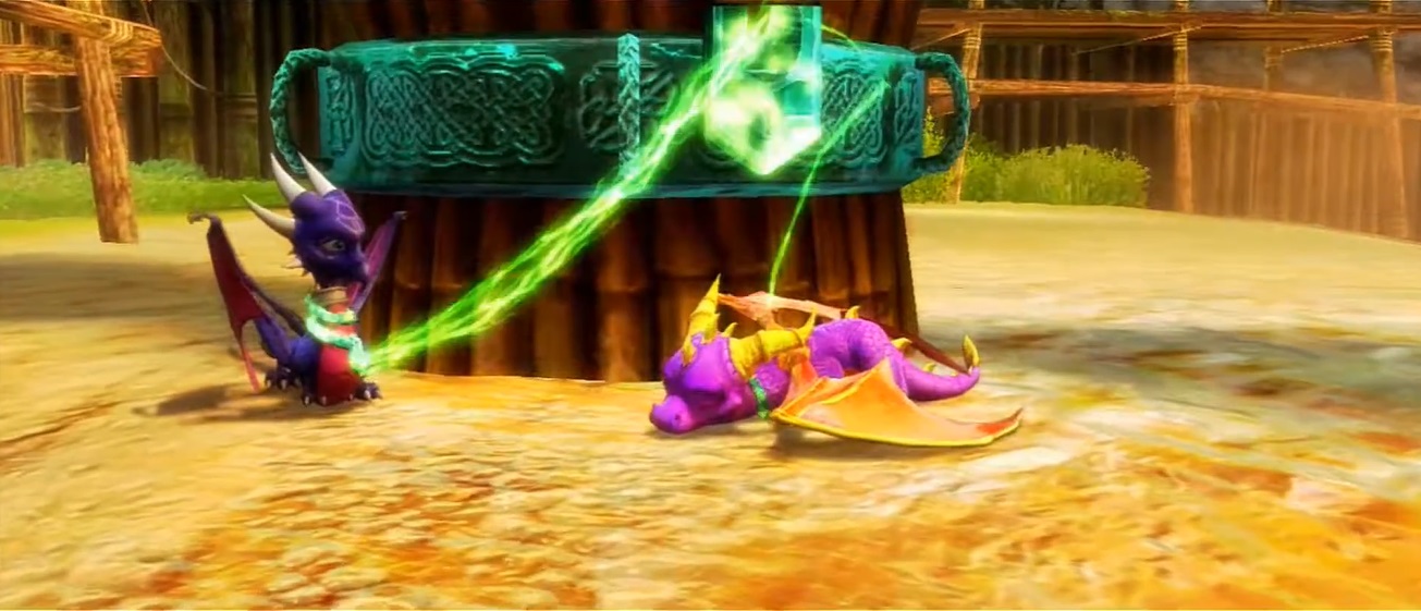 Spyro and Cynder chained to one of the Cheetah Village lookout posts by their snake collars