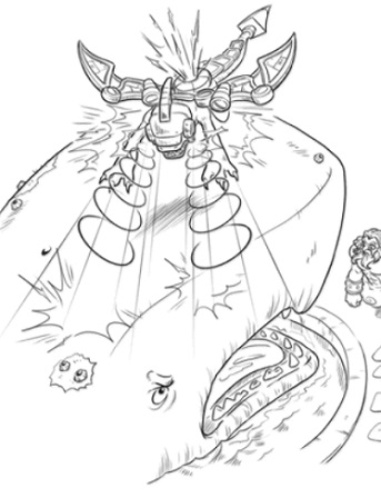 An illustration of Drobot trying to distract the hungry Land Whale from eating Lightning Rod