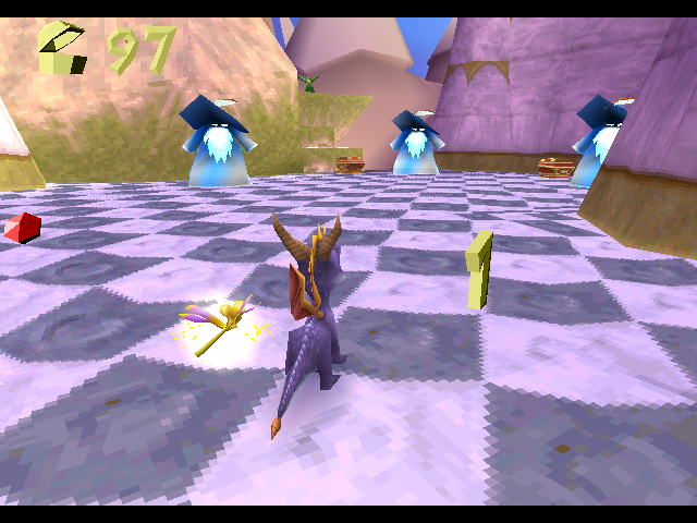 Spyro standing in front of three Elder Wizards