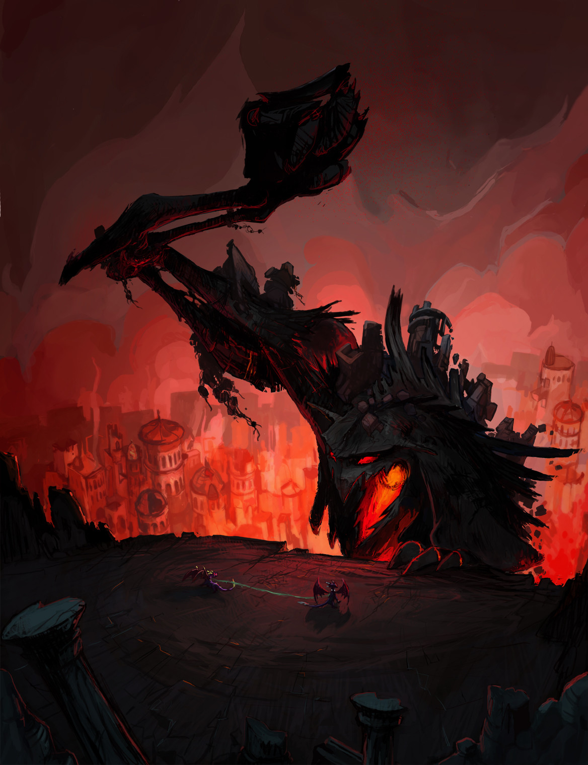 Concept art of Spyro and Cynder facing the Golem by Yannick Corboz