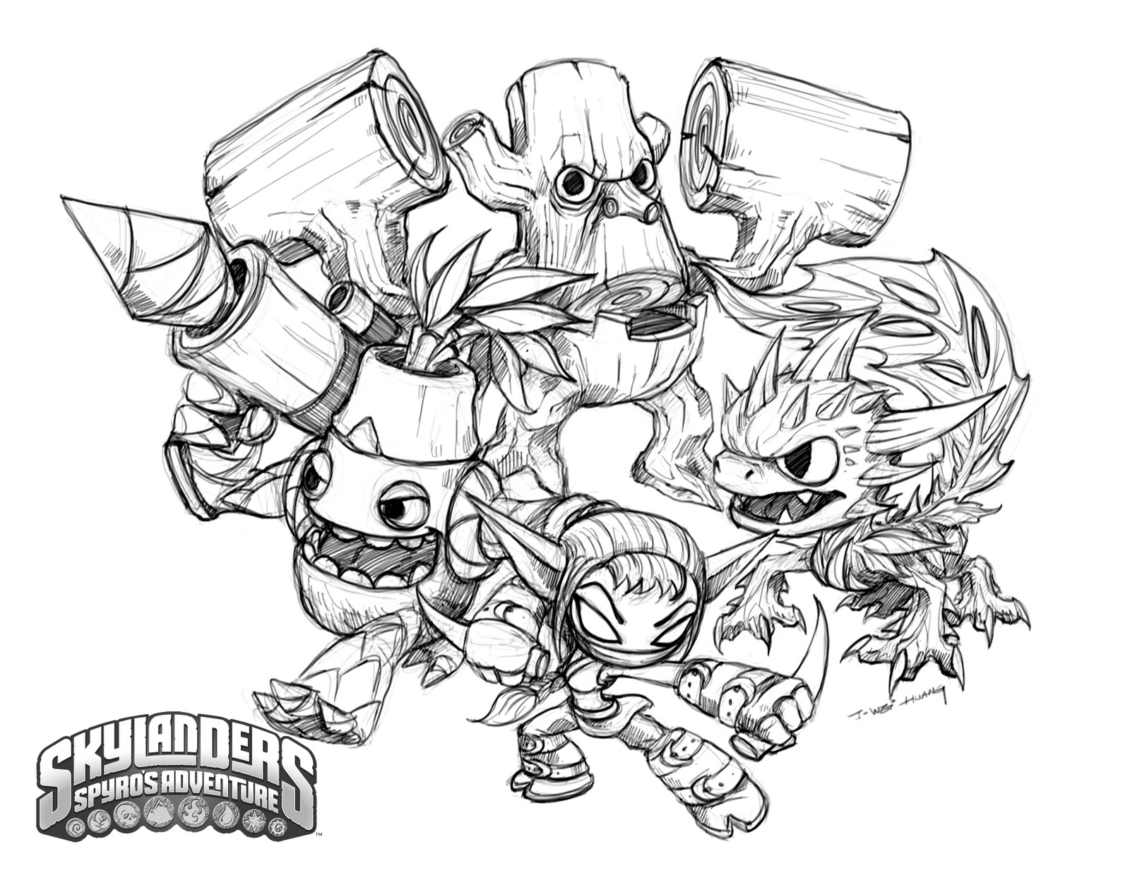 Artwork of the Life Skylanders of Skylanders: Spyro's Adventure (Stealth Elf, Zook, Camo, Stump Smash)