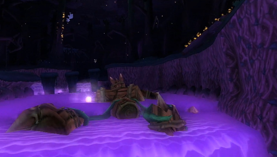 Arborick's corpse floating down the waterfall of the Grove