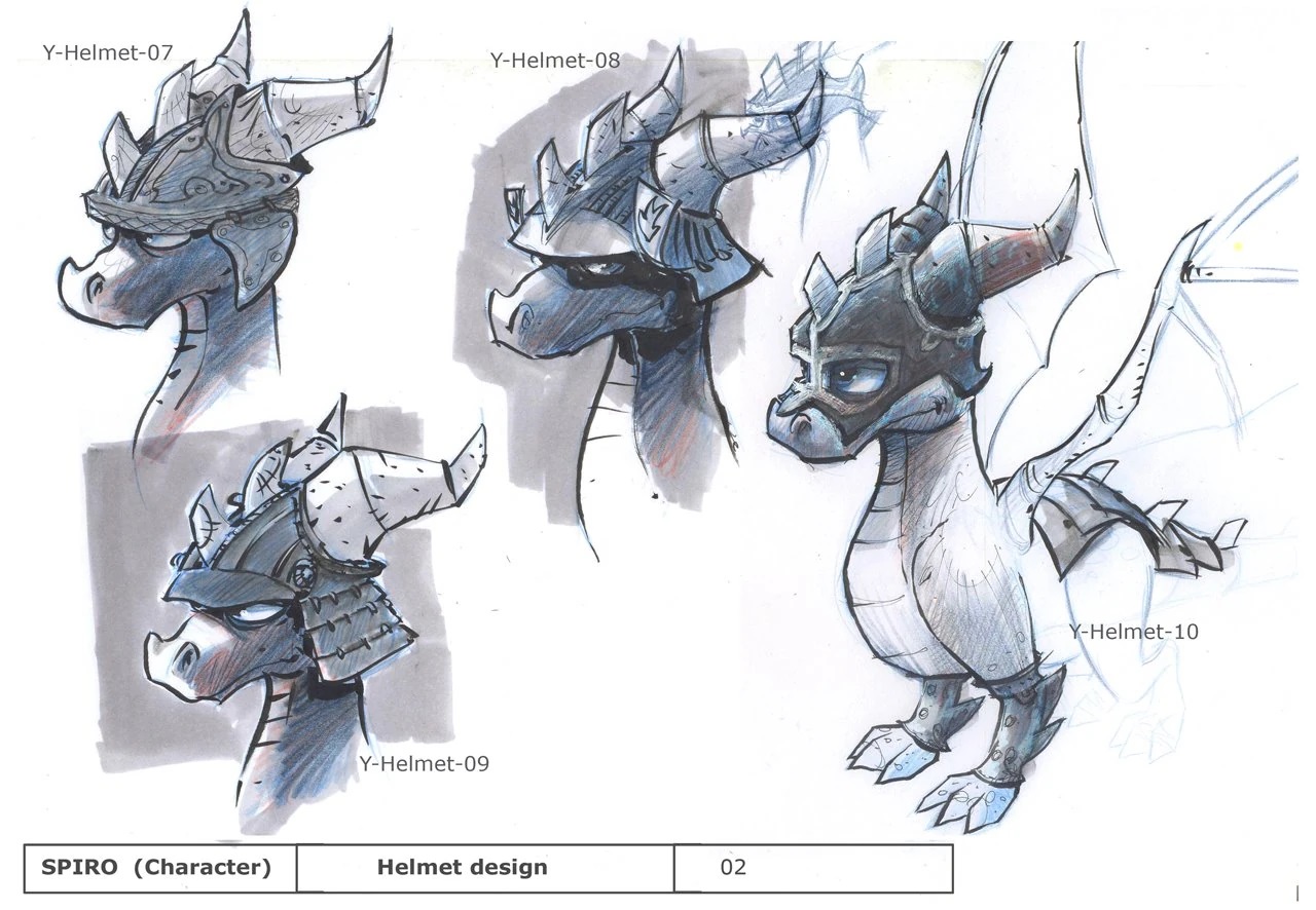 Concept art of Spyro wearing various helmets by Yan Le Pon