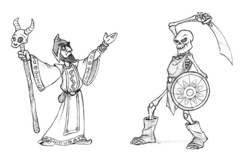 Concept art of a Wizard and a Skeleton in Spyro: A Hero's Tail