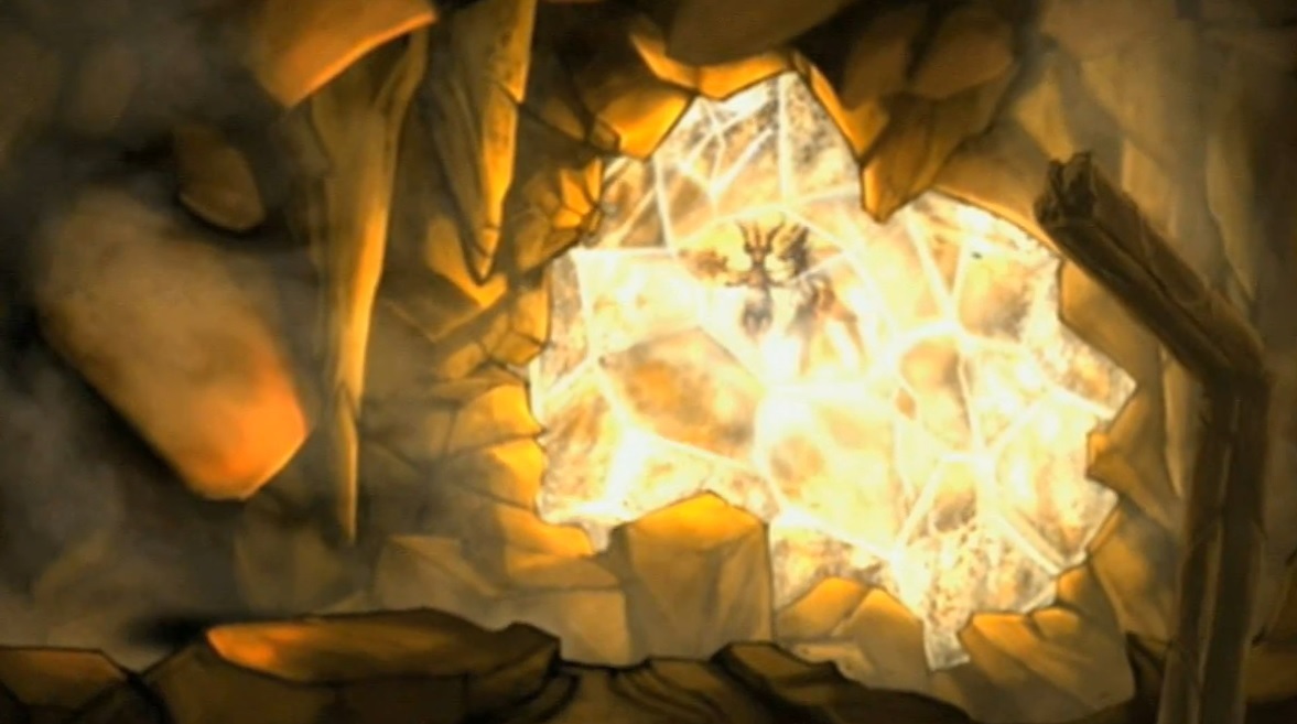 Spyro, Sparx and Cynder encased in crystal in the post-credit scene of The Eternal Night